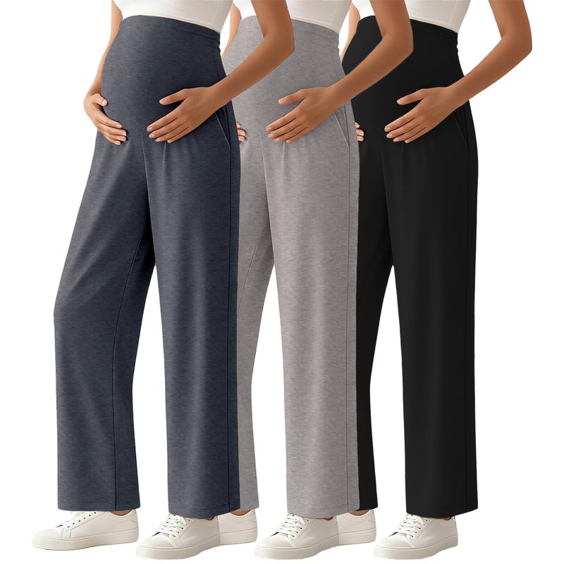 Ecavus 3-Pack Women's Maternity Pants Over Belly Soft Lounge Palazzo Pants Stretch Wide Leg Pregnancy Trousers with Pockets - Image 1