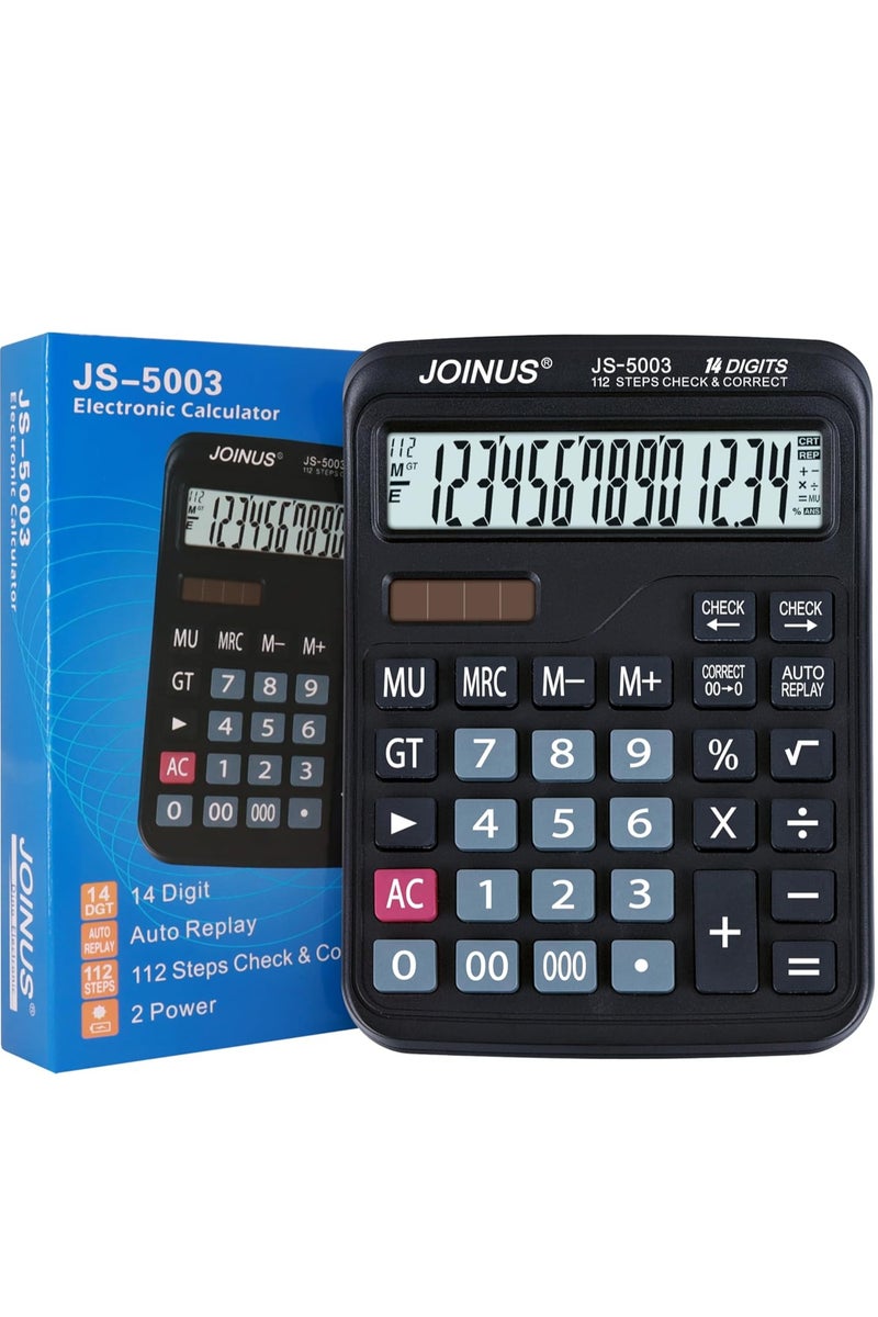 JOINUS JS-5003 14-Digit Desktop Calculator with Large Displayand Dual Power (Solar + Battery) 112 Steps Check & Correct, Big Buttons, Auto Replay, Includes 1 Extra Battery – Ideal for Office, Business, Home, and Finance Use - Image 1