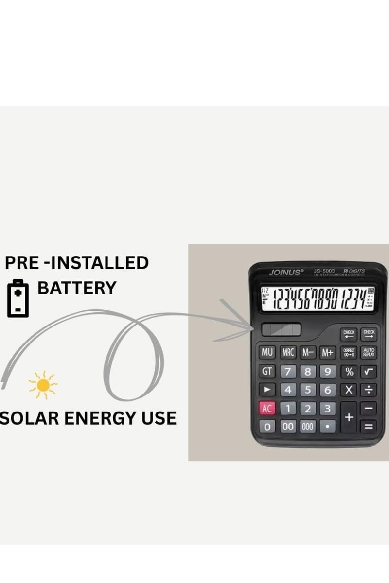 JOINUS JS-5003 14-Digit Desktop Calculator with Large Displayand Dual Power (Solar + Battery) 112 Steps Check & Correct, Big Buttons, Auto Replay, Includes 1 Extra Battery – Ideal for Office, Business, Home, and Finance Use - Image 3