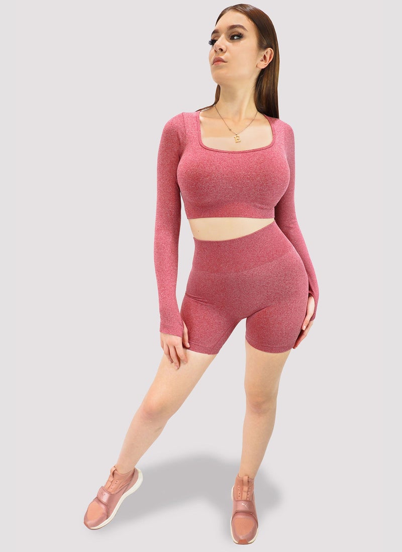 كيدوالا أكتيف Kidwala 2 Pieces Balance Red Stretchable Set - High Cropped Waist Cycling Shorts, Long Sleeves with Thumb holes, Round neck Top, Ribbed waistband, Workout Gym Yoga Outfit for Women (Large, Red) - Image 2