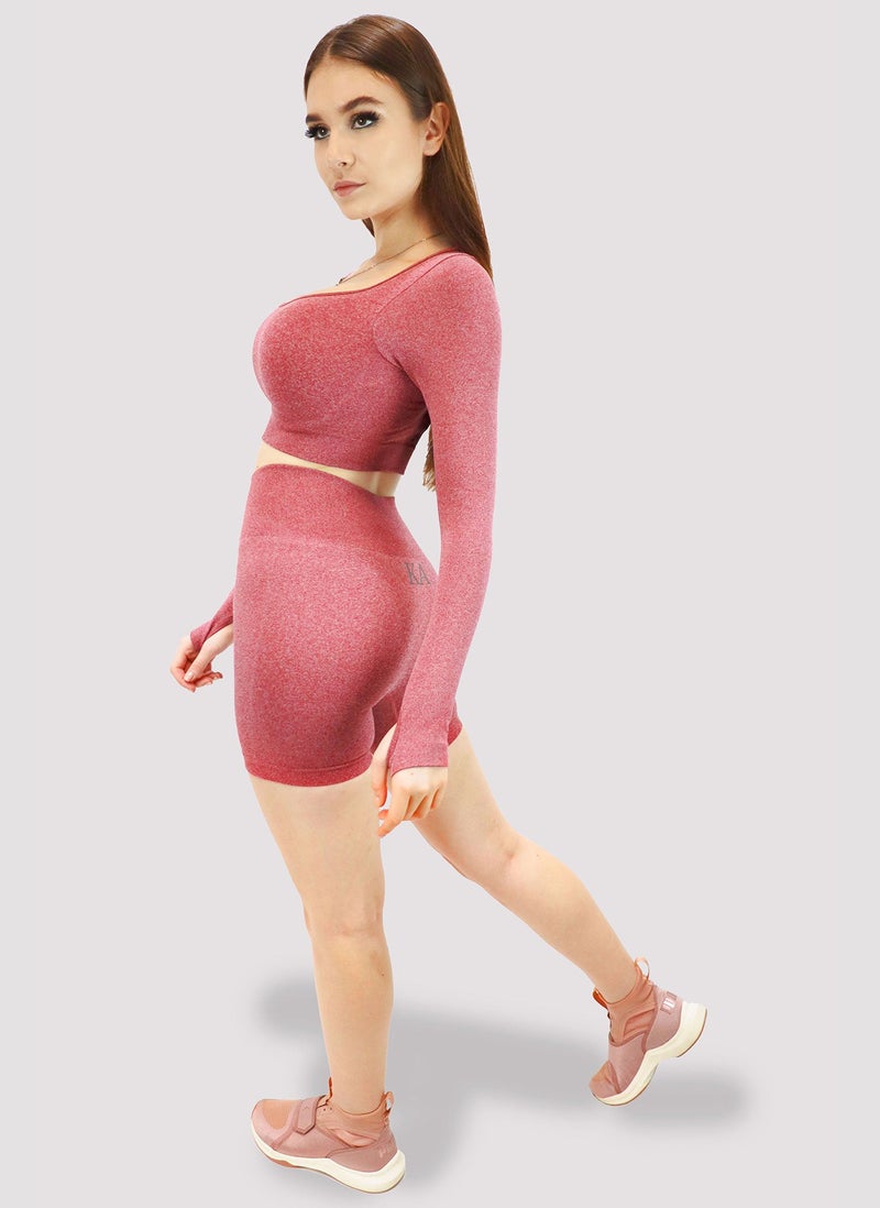 كيدوالا أكتيف Kidwala 2 Pieces Balance Red Stretchable Set - High Cropped Waist Cycling Shorts, Long Sleeves with Thumb holes, Round neck Top, Ribbed waistband, Workout Gym Yoga Outfit for Women (Large, Red) - Image 5