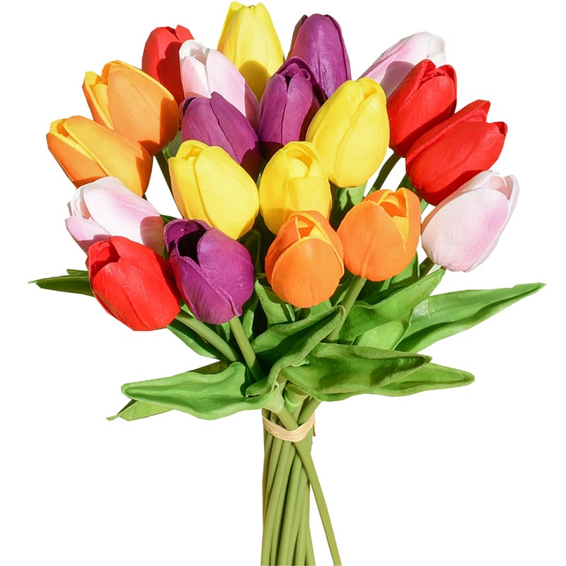 Mandy's Artificial Tulips 20 Stems Multicolor PU Faux Flowers for Valentine's Day and Easter Decorations Wedding Home Decor 13.5 Inch - Image 1