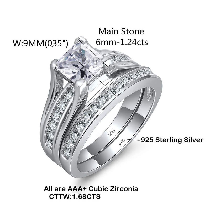 MABELLA 925 Sterling Silver Cubic Zirconia Princess Cut Women's Wedding Engagement Bridal Ring Set Size 9 - Image 2