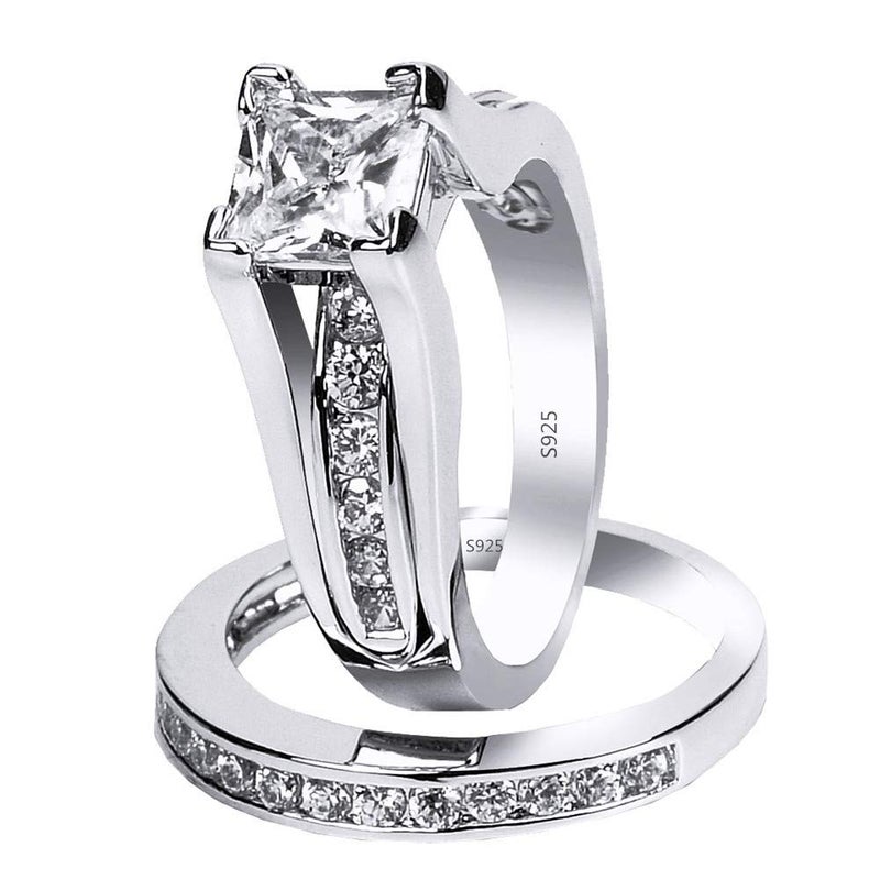 MABELLA 925 Sterling Silver Cubic Zirconia Princess Cut Women's Wedding Engagement Bridal Ring Set Size 9 - Image 1