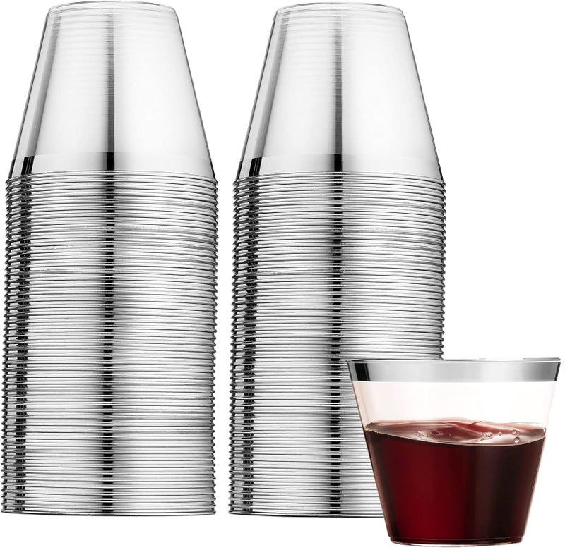 LATERN 60Pcs Silver Rimmed Plastic Cups 270ml Plastic Tumblers Reusable Drink Cups Elegant Party Wine Glasses for Champagne Beer Cocktail Martini Soda Dessert 89 x 71cm