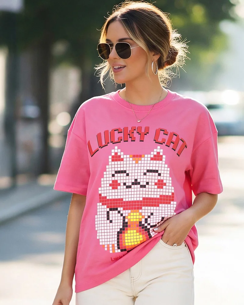 Women's Bubblegum Pink Lucky Cat Graphic Printed Oversized T-shirt