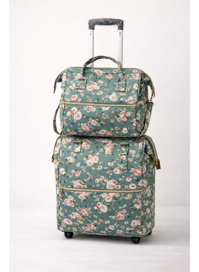 SUNSTAR Stylish Floral Travel Bag Set with Trolley – Multipurpose Rolling Backpack & Handbag - Image 2