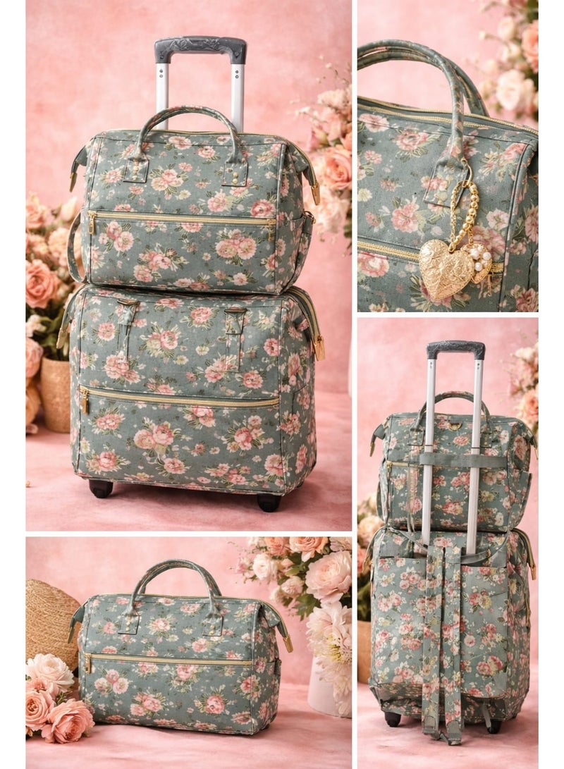 SUNSTAR Stylish Floral Travel Bag Set with Trolley – Multipurpose Rolling Backpack & Handbag - Image 1