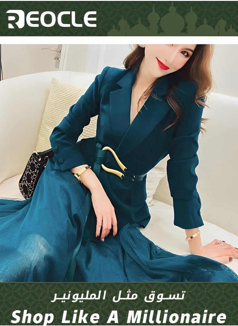 REOCLE - Women Blazer and Skirt Set Suit Business 2 Two Piece Outfits Formal Elegant Office Ladies Jacket Mesh Long Pleated Skirt Clothes - Image 1