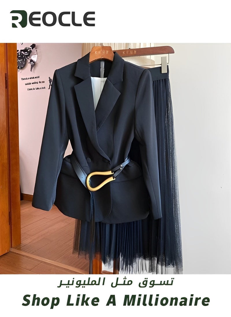 REOCLE - Women Blazer and Skirt Set Suit Business 2 Two Piece Outfits Formal Elegant Office Ladies Jacket Mesh Long Pleated Skirt Clothes - Image 1