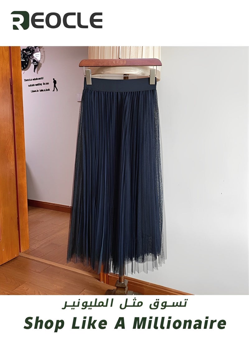 REOCLE - Women Blazer and Skirt Set Suit Business 2 Two Piece Outfits Formal Elegant Office Ladies Jacket Mesh Long Pleated Skirt Clothes - Image 1