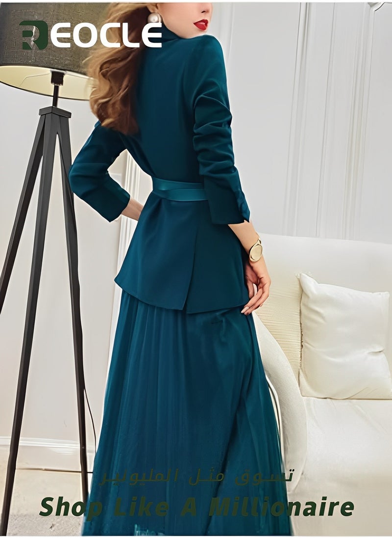 REOCLE - Women Blazer and Skirt Set Suit Business 2 Two Piece Outfits Formal Elegant Office Ladies Jacket Mesh Long Pleated Skirt Clothes - Image 1