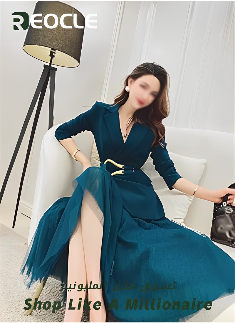REOCLE - Women Blazer and Skirt Set Suit Business 2 Two Piece Outfits Formal Elegant Office Ladies Jacket Mesh Long Pleated Skirt Clothes - Image 1