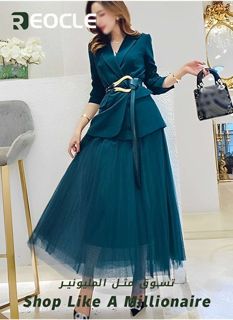REOCLE - Women Blazer and Skirt Set Suit Business 2 Two Piece Outfits Formal Elegant Office Ladies Jacket Mesh Long Pleated Skirt Clothes - Image 1