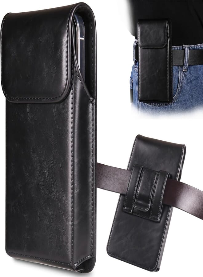 FASHION MANIA Holster for iPhone iPhone 15, 15 Pro, 14, 14 Pro, 13, 13 Pro, 12, 12 Pro, 11, 11 Pro, XR, Galaxy S24, S23, S22, 6.7"-6.9" Premium Leather Pouch with Belt Clip Phone Holster Belt Case (Black) 