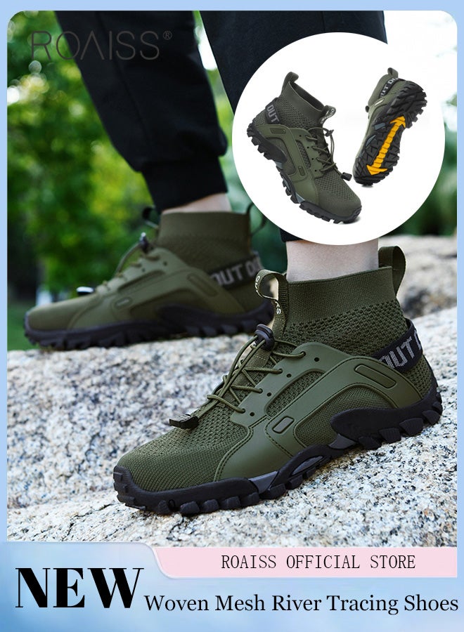 رويس أحذية المشي للرجال، أحذية منسوجة للمشي النهري بمقاسات كبيرة، أحذية مشي مضادة للانزلاق وممتصة للصدمات، أحذية برمائية خارجية خفيفة الوزن برباط، أحذية رياضية عالية الساق باللون الأخضر - Image 1
