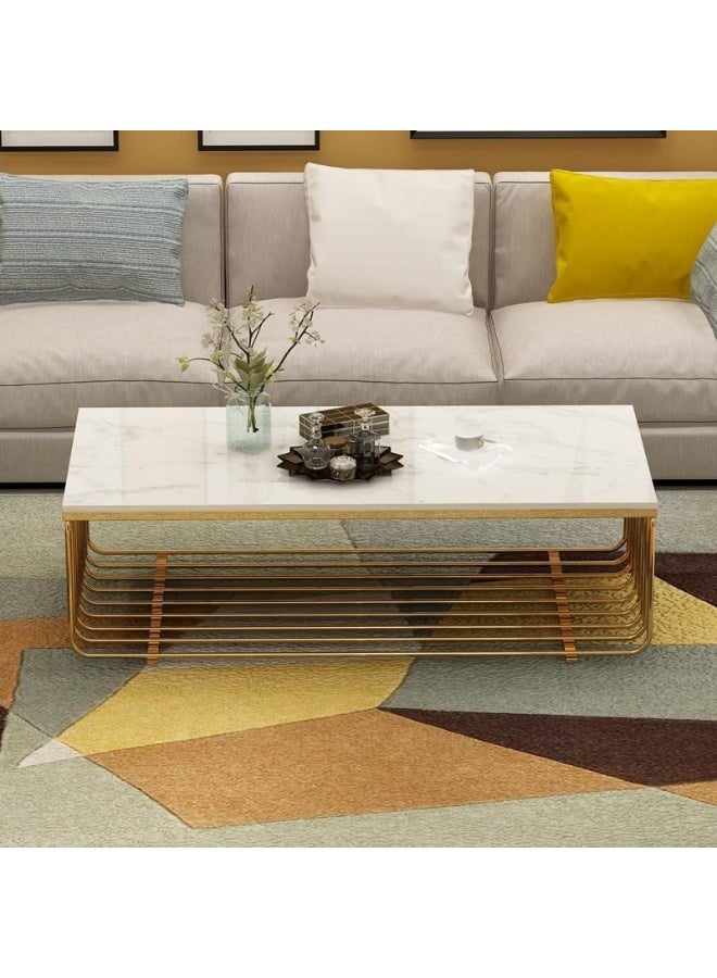 YINZUO YINZUO Rectangular White Marble Top Coffee Table with Welded Metal Frame, No Assembly Required – Tea, Nesting, Sofa Side Table (Matt Gold)  - Image 2