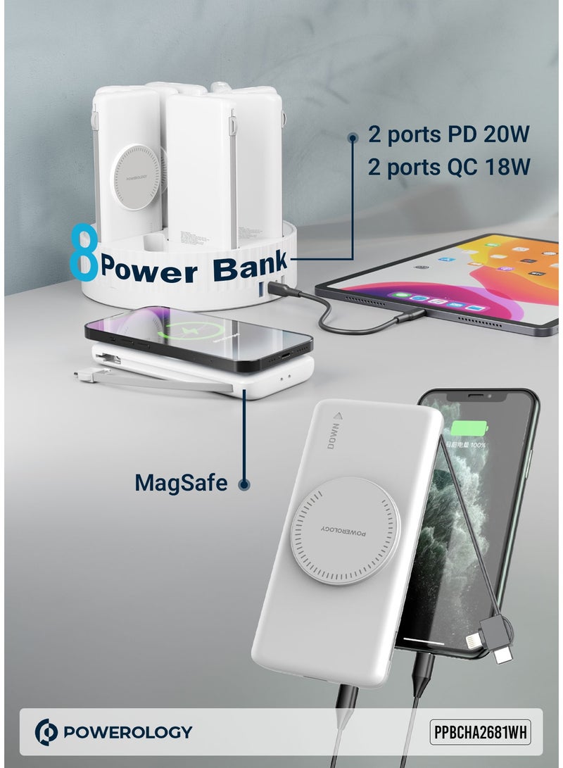 باورولوجي محطة بنك الطاقة 8 في 1 بسعة بطارية 10000 مللي أمبير و120 واط PD / بنك الطاقة MagSafe اللاسلكي السريع / كابل مدمج (Type-C & Lightning) / حماية مدمجة - أبيض - Image 5
