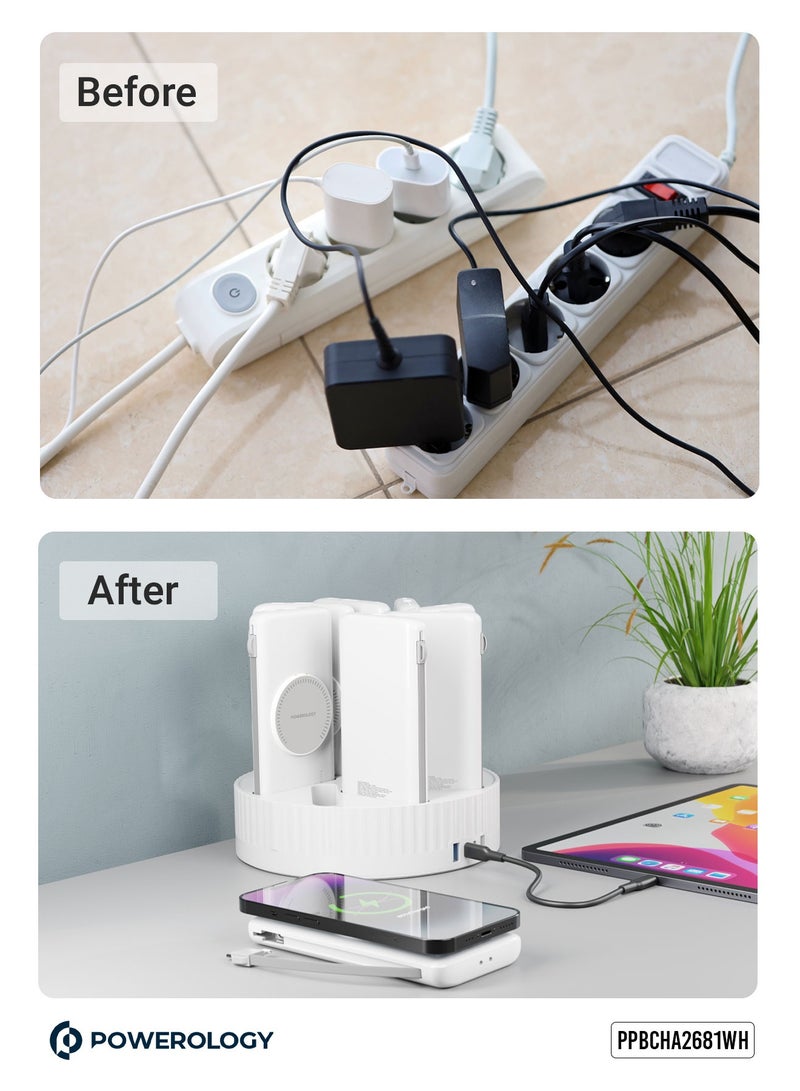 باورولوجي محطة بنك الطاقة 8 في 1 بسعة بطارية 10000 مللي أمبير و120 واط PD / بنك الطاقة MagSafe اللاسلكي السريع / كابل مدمج (Type-C & Lightning) / حماية مدمجة - أبيض - Image 3