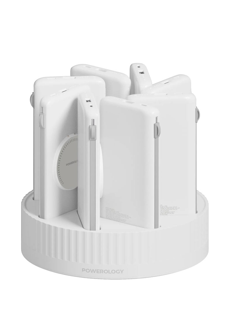 باورولوجي محطة بنك الطاقة 8 في 1 بسعة بطارية 10000 مللي أمبير و120 واط PD / بنك الطاقة MagSafe اللاسلكي السريع / كابل مدمج (Type-C & Lightning) / حماية مدمجة - أبيض - Image 1