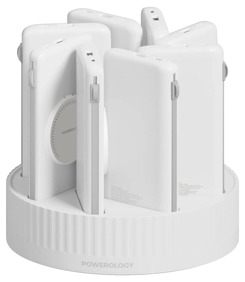Powerology 8x10000mAh Power Bank Station, MagSafe PowerBank With Dual USB-C + Dual USB-A Output Ports, Built-In Type C & Lightning Cables, PD20W, All-in-One Rapid Recharging Station - White - Image 1