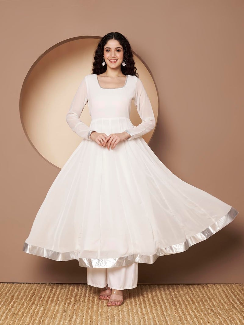 KZA Women's Georgette Hand Embroidered Flared Anarkali Kurta with Full Sleeves | Ethnic Anarkali Suit for Women Off White - Image 2
