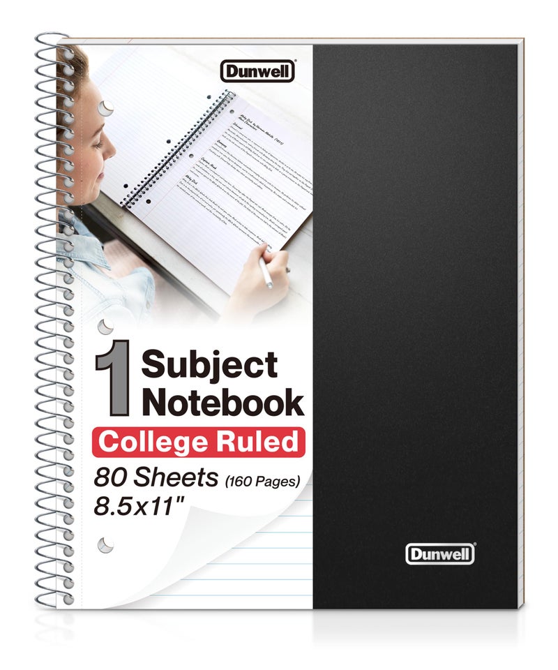 Dunwell 1 Subject Spiral Notebook (College Ruled) 80 Sheets, 8.5 x 11 Black Plastic Cover Notebook, One Subject Notebook with Perforated Paper, Inner Pockets, Spiral Notebook for School Note Taking - Image 1