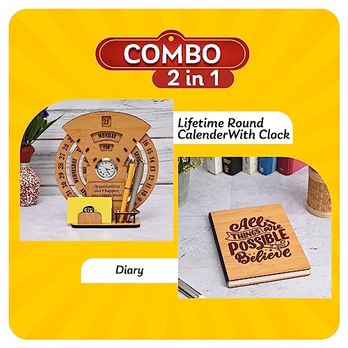 Gift Kya De GKD Wooden Desk Calendar with Clock & Organizer + Motivational Wooden Diary | Premium Wood Office Desk Decor Set for Home & Office | Corporate Gift | Combo (Bamboo Eco-friendly) - Image 2