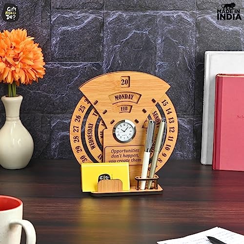 Gift Kya De GKD Wooden Desk Calendar with Clock & Organizer + Motivational Wooden Diary | Premium Wood Office Desk Decor Set for Home & Office | Corporate Gift | Combo (Bamboo Eco-friendly) - Image 3