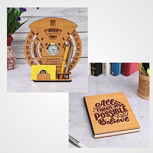 Gift Kya De GKD Wooden Desk Calendar with Clock & Organizer + Motivational Wooden Diary | Premium Wood Office Desk Decor Set for Home & Office | Corporate Gift | Combo (Bamboo Eco-friendly) - Image 1