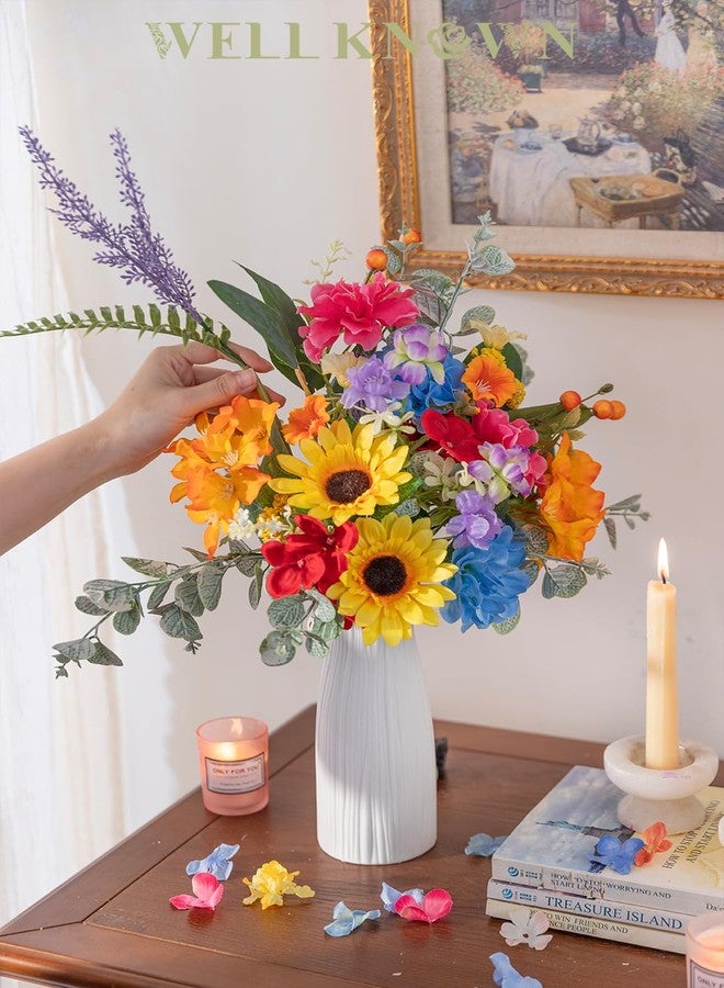 WELL KNOWN Artificial Flowers Bouquet, Colorful Spring Fake Flowers for Vase, Silk Faux Flowers DIY Table Centerpieces for Wedding Dining Room Kitchen Office Birthday Decor & Gift (Rainbow Sunflower) - Image 4