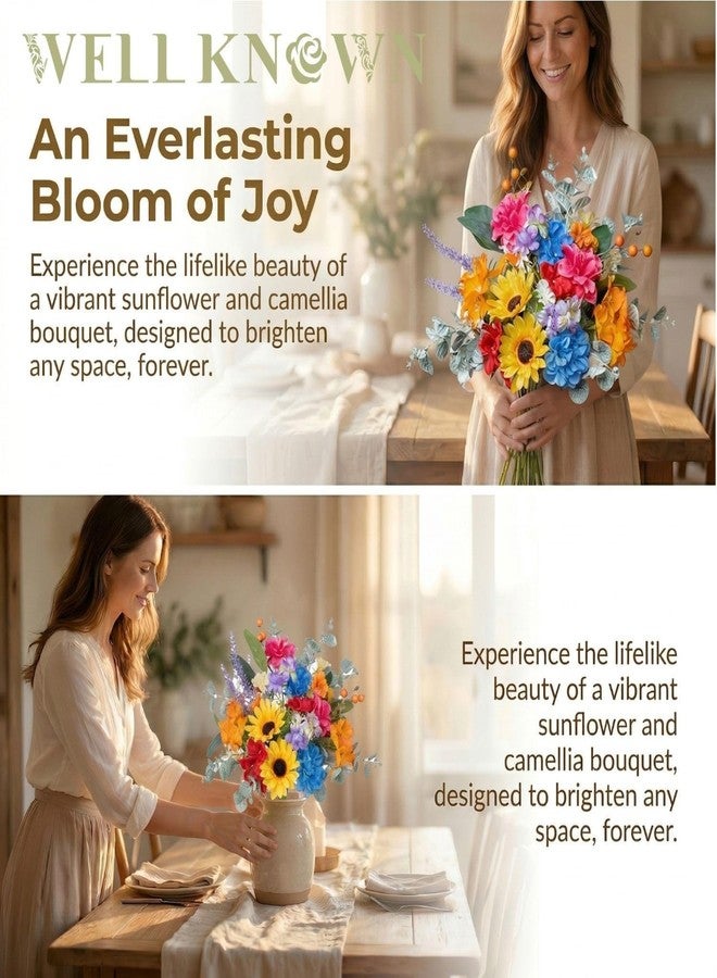 WELL KNOWN Artificial Flowers Bouquet, Colorful Spring Fake Flowers for Vase, Silk Faux Flowers DIY Table Centerpieces for Wedding Dining Room Kitchen Office Birthday Decor & Gift (Rainbow Sunflower) - Image 5