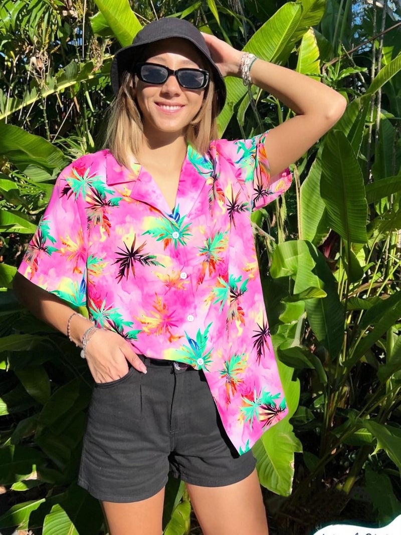 UNIQUEONE Women Hawaiian Shirt Soft Cool Summer Hawaii Tshirts Beach Tropic Print V Neck Button up Tops Floral Short Sleeve Tops Light Pink - Image 2