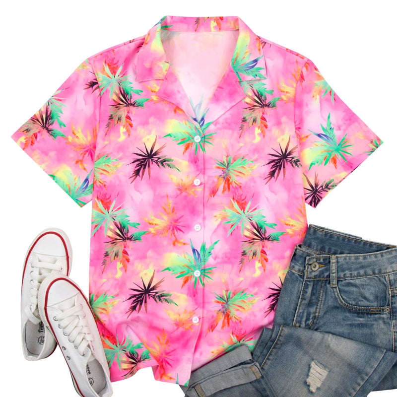 UNIQUEONE Women Hawaiian Shirt Soft Cool Summer Hawaii Tshirts Beach Tropic Print V Neck Button up Tops Floral Short Sleeve Tops Light Pink - Image 5