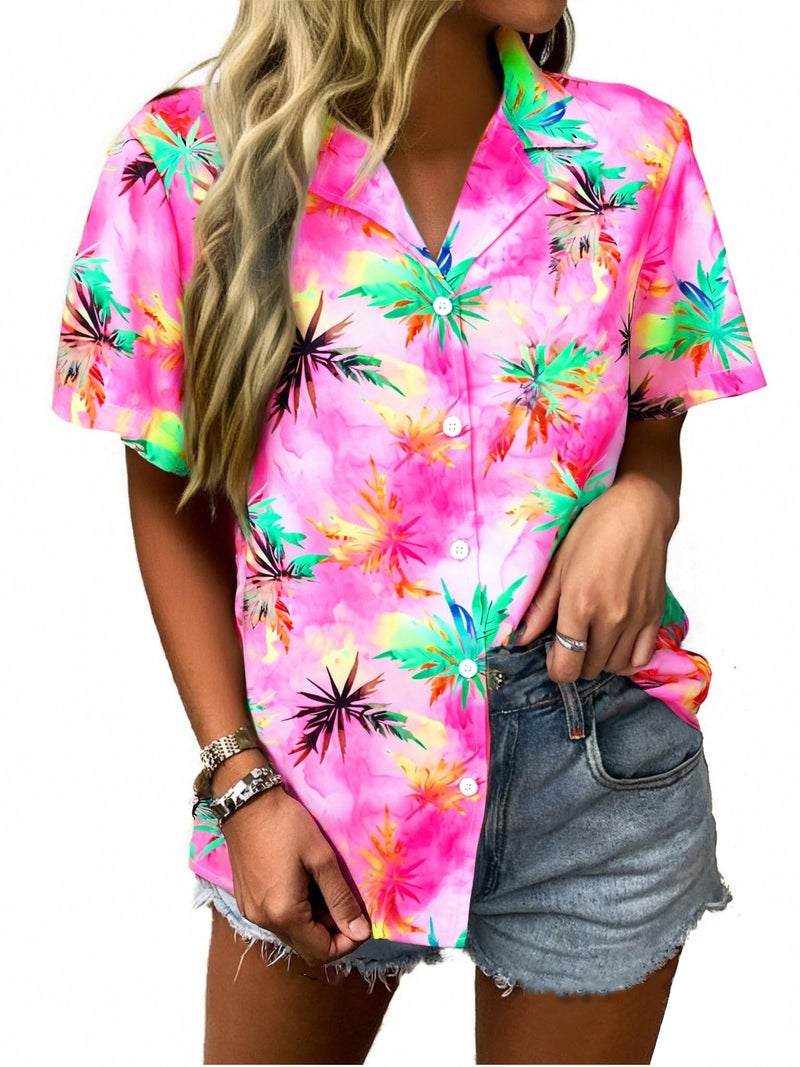 UNIQUEONE Women Hawaiian Shirt Soft Cool Summer Hawaii Tshirts Beach Tropic Print V Neck Button up Tops Floral Short Sleeve Tops Light Pink - Image 1