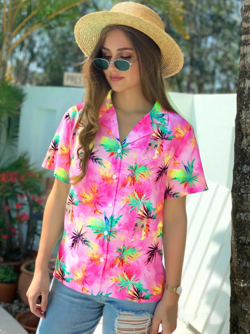 UNIQUEONE Women Hawaiian Shirt Soft Cool Summer Hawaii Tshirts Beach Tropic Print V Neck Button up Tops Floral Short Sleeve Tops Light Pink - Image 4