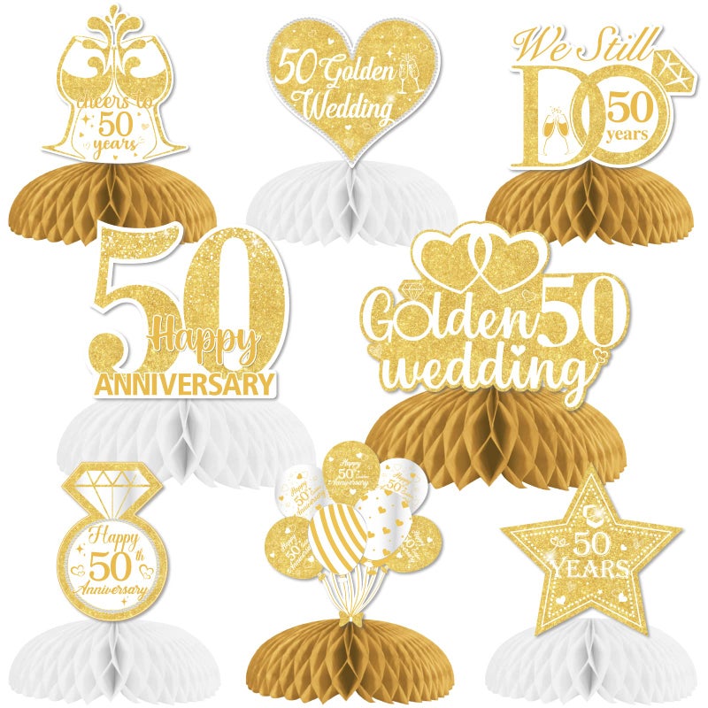 Fangleland 8Pcs Golden Wedding Anniversary Table Decorations Honeycomb Centerpieces Table Toppers Cheers to 50th Wedding Anniversary Honeycomb Table Topper for Happy Anniversary Decorations Romantic