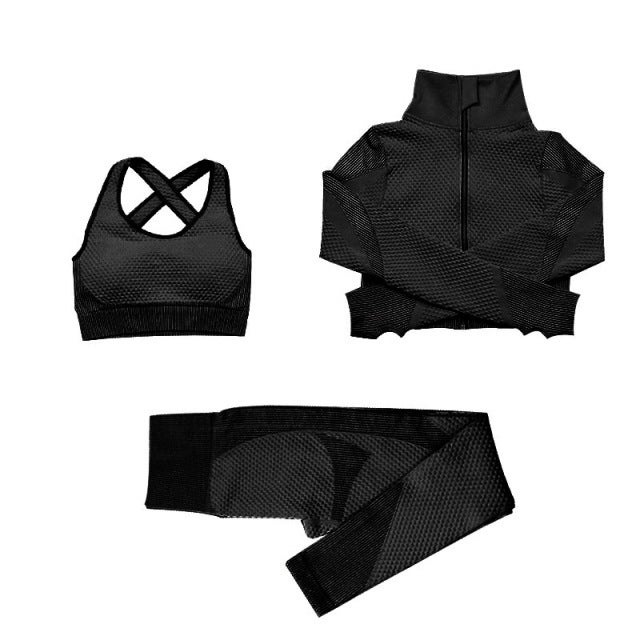 Generic Cross-border Europe and the United States Seamless Yoga Suit Womens Autumn and Winter New Knitted Hip Elastic Fitness Sports Three-piece Suit Black 