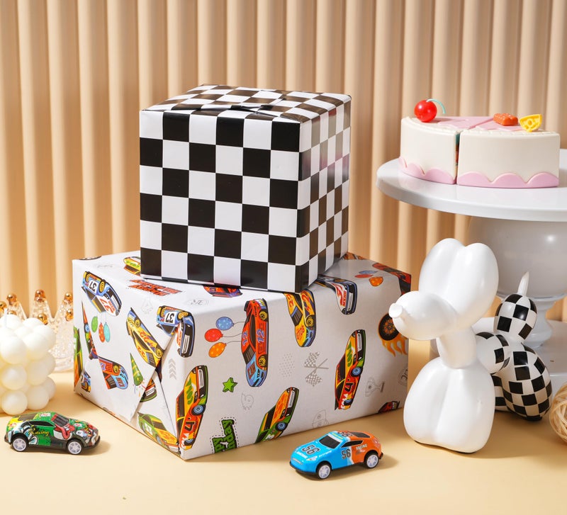 ZINTBIAL Race Car Reversible Wrapping Paper Roll - Gift Wrap with Black & White Checkered Flag on Reverse- Perfect for Holidays, Birthdays, Babay Shower and Christmas - 17.5 in x 33 ft (48 sq. ft) - Image 3