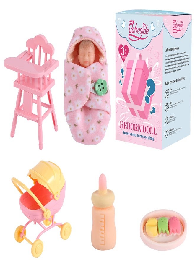 BABESIDE Mini Full Silicone Baby Doll Set - 4.5 Inch Realistic Sleeping Newborn Doll with Feeding Bottle, Stroller, High Chair & Gift Box, Soft Silicone Mini Reborn Baby Toy for Kids Age 3+ - Image 5