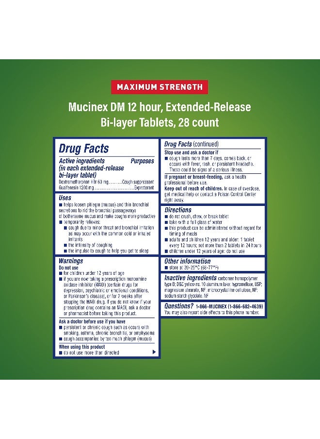 MUCINEX DM Maximum Strength 12-Hour Expectorant and Cough Suppressant Tablets, 28 Count  - Image 2