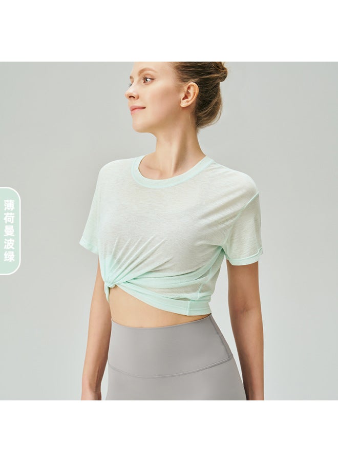 Breathable Bamboo Yarn Sports Top Short-sleeved Women's Running Training Pilates Fitness Round Neck Blouse Yoga T-shirt Summer