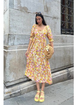 Natural Viscose Waist Gathered Patterned Slit Long Yellow Dress - pzsku/ZA0F2AC3EBE3DBA82406BZ/45/_/1728046597/6f79ab9d-fe63-4662-85d8-c50c744d8137