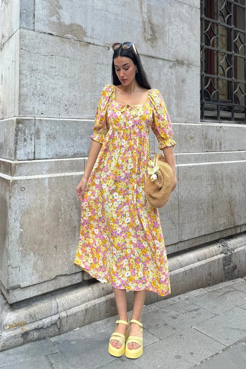 فور يو مودا Natural Viscose Waist Gathered Patterned Slit Long Yellow Dress