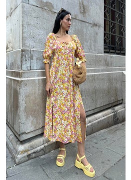 Natural Viscose Waist Gathered Patterned Slit Long Yellow Dress - pzsku/ZA0F2AC3EBE3DBA82406BZ/45/_/1728046686/6d920be7-7d9a-46fb-804e-f972dd7f248f