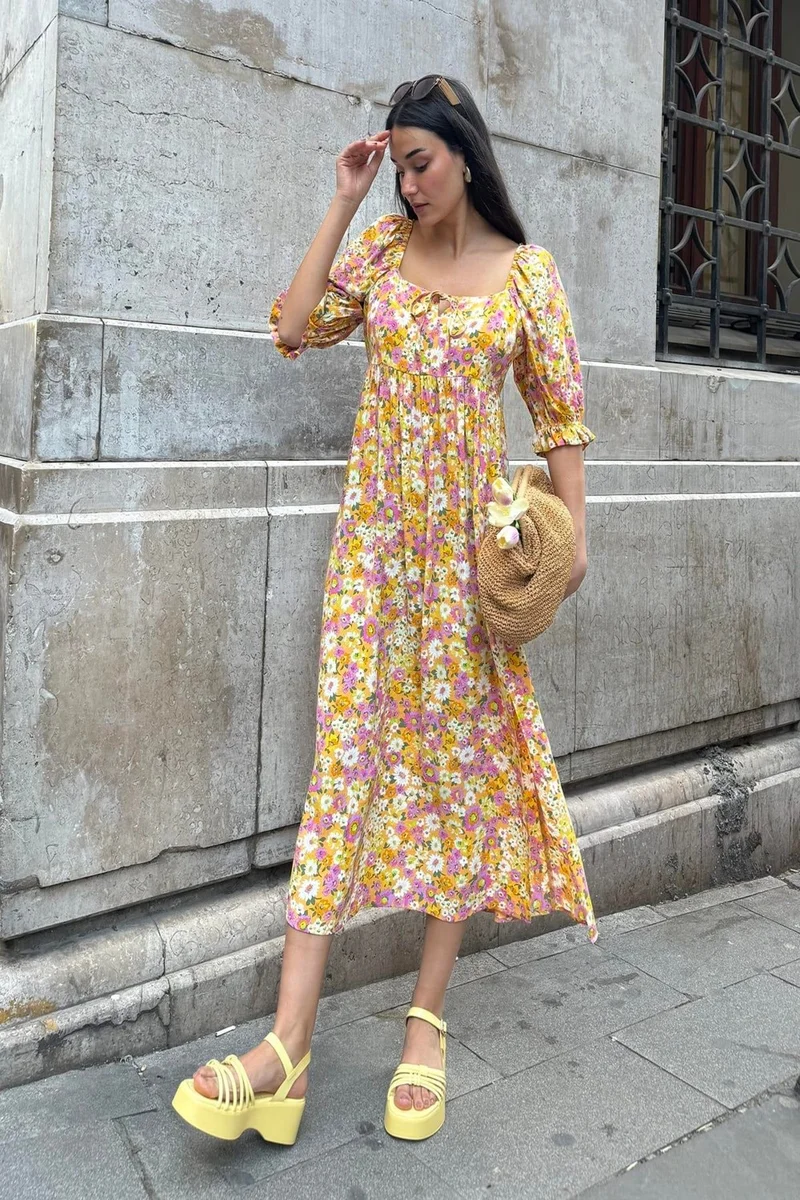 فور يو مودا Natural Viscose Waist Gathered Patterned Slit Long Yellow Dress