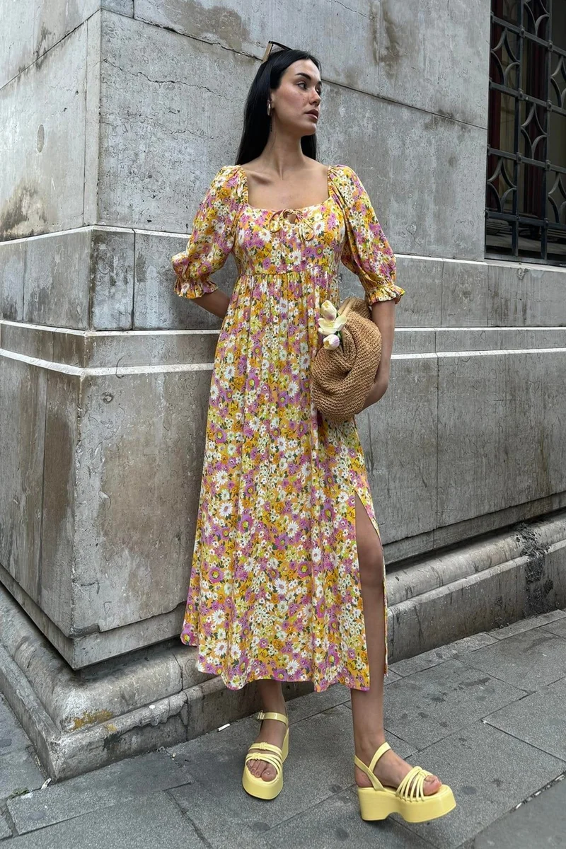 فور يو مودا Natural Viscose Waist Gathered Patterned Slit Long Yellow Dress