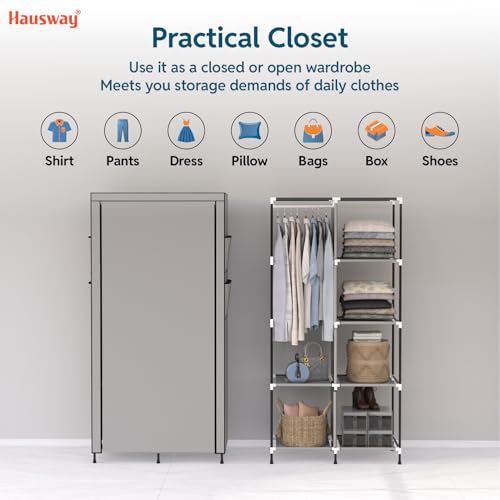 HAUSWAY Foldable Wardrobe for Clothes, Multipurpose Collapsible Fabric and Plastic Cupboard for Bedroom, 2-Door Wardrobe with 6 Shelves - Grey - Image 3