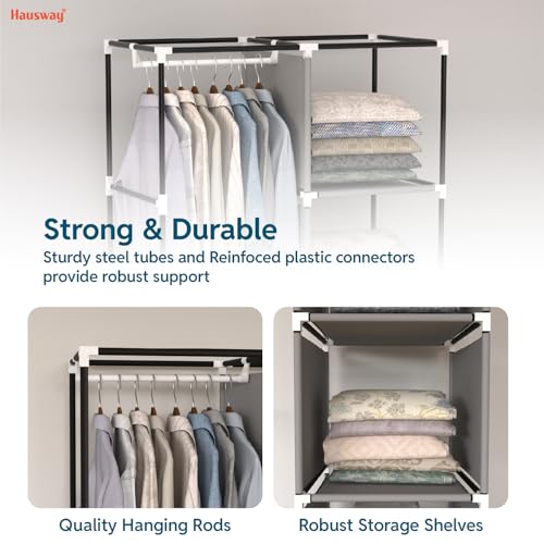 HAUSWAY Foldable Wardrobe for Clothes, Multipurpose Collapsible Fabric and Plastic Cupboard for Bedroom, 2-Door Wardrobe with 6 Shelves - Grey - Image 4