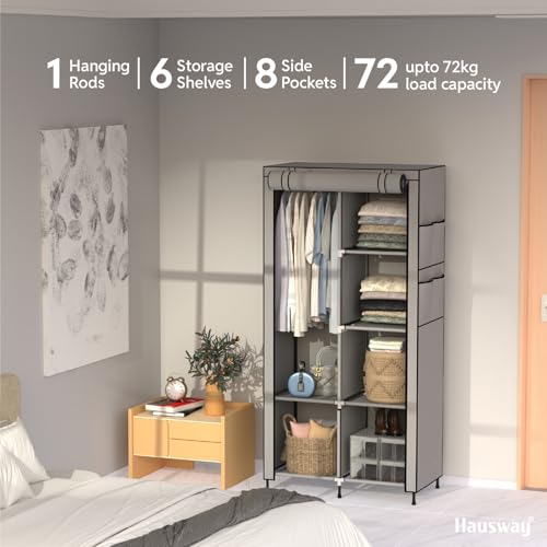 HAUSWAY Foldable Wardrobe for Clothes, Multipurpose Collapsible Fabric and Plastic Cupboard for Bedroom, 2-Door Wardrobe with 6 Shelves - Grey - Image 2